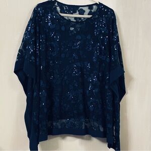 Oleg Cassini Tank with Overlay of Lace Fliral Pattern & Sequins Navy Blue 16W